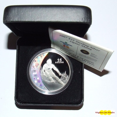2007 Silver Proof $25 Hologram Coin - Alpine Skiing - Click Image to Close
